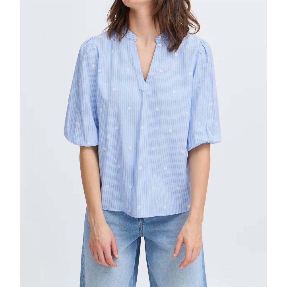 NEW B.YOUNG elbow sleeve split neck blouse in blue horizon